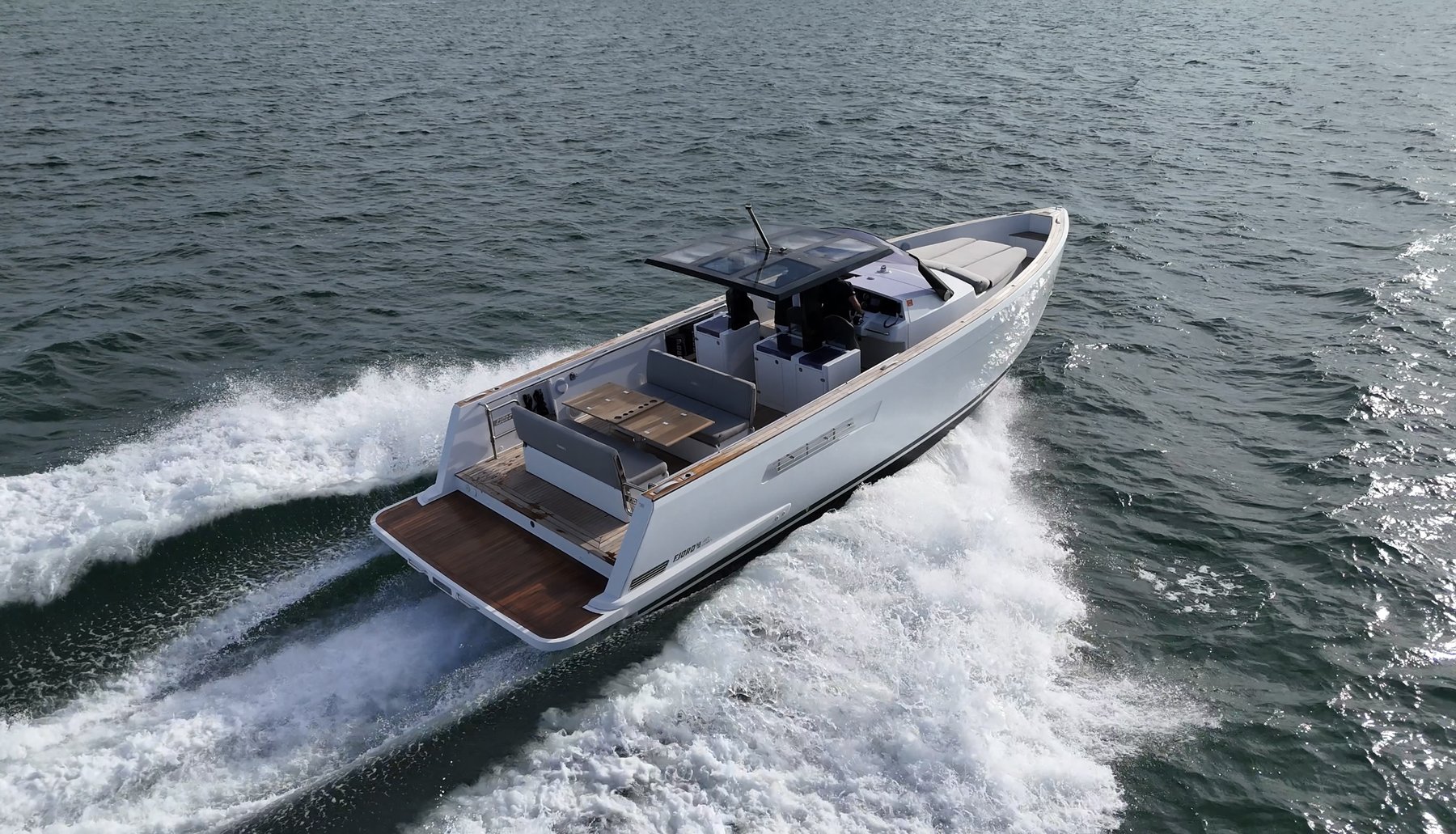 Aerial view of the 2019 Fjord 40 Open running at speed, Key Biscayne, Florida