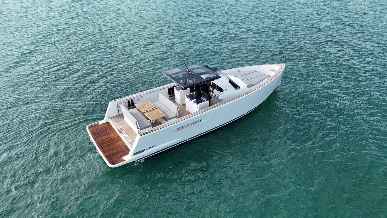 Aerial view of the 2019 Fjord 40 Open's deck layout, Key Biscayne, Florida
